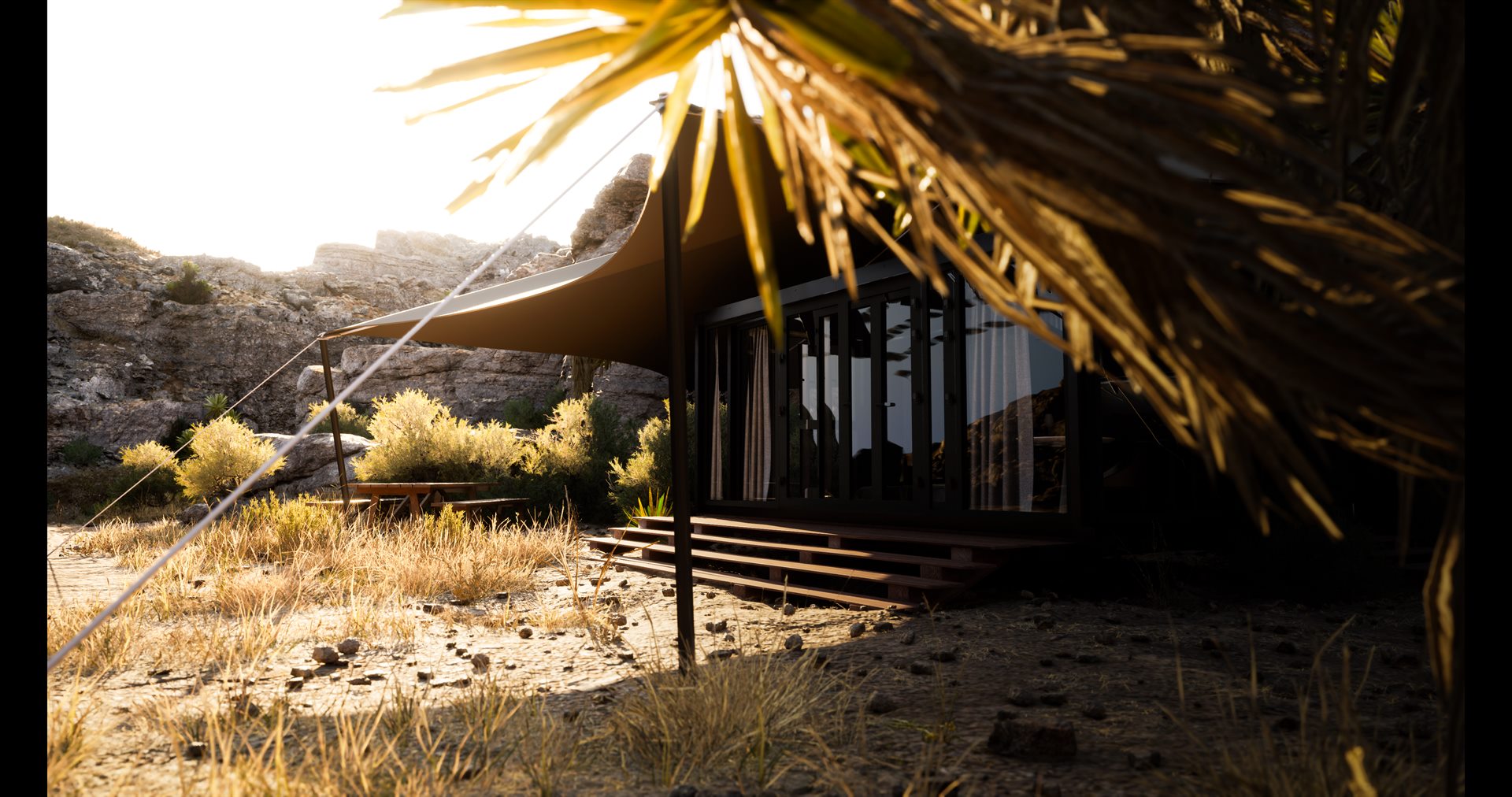 Glamtainer Desert Camp — Hospitality · Concept 3D visualization, Desert retreat — view 1 by DARK studio